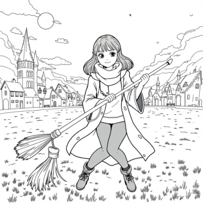 Coloriage : Ginny avec son balai sur le terrain de Quidditch