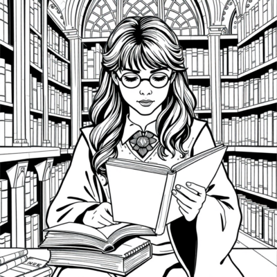 Livre de coloriage : Hermione lit des sortilèges à la bibliothèque