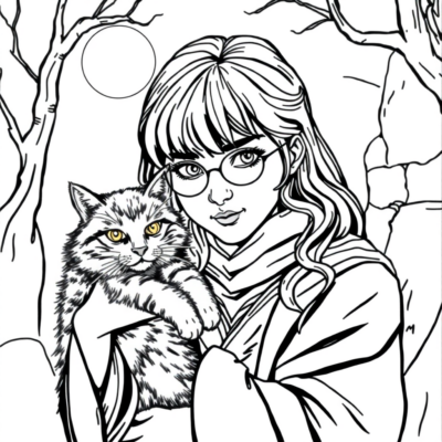 Livre de coloriage : Hermione avec son chat Croûtard