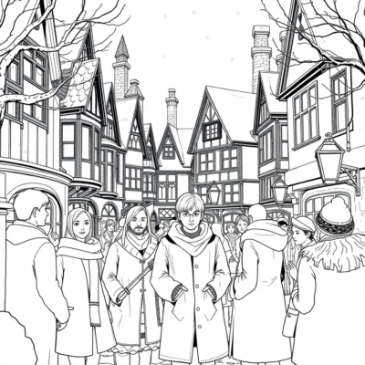 Livre de coloriage : Hogsmeade en hiver avec les élèves