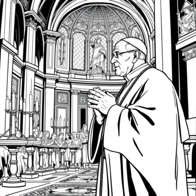 Coloriage : Jean-Paul II – Le pape en prière au Vatican