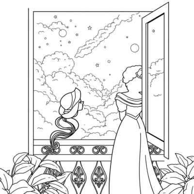 Livre de coloriage : Jasmine regarde le ciel depuis le balcon