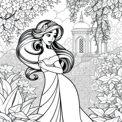 Livre de coloriage : Jasmine dans le jardin du palais
