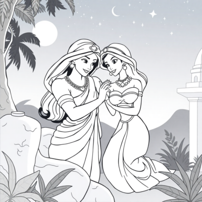 Coloriage : Jasmine et Aladdin sous la lune
