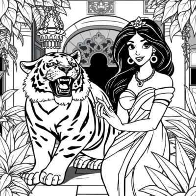 Coloriage : Jasmine avec le tigre Rajah dans la cour