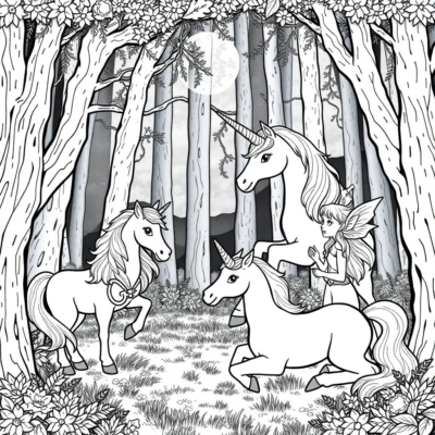 Livre de coloriage : Licornes – Licornes et elfes dans la forêt enchantée
