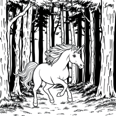 Dessin à colorier : Licornes – Licorne courant à travers la forêt