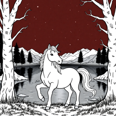 Livre à colorier : Licornes – Une licorne au bord d’un lac magique