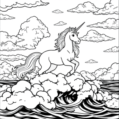 Coloriage : Licornes – Licorne dans les nuages au-dessus de la mer