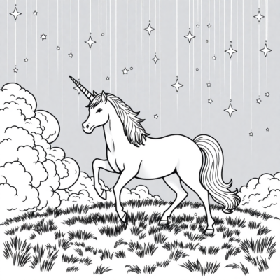 Coloriage : Licornes – Licorne sous la pluie d’étoiles