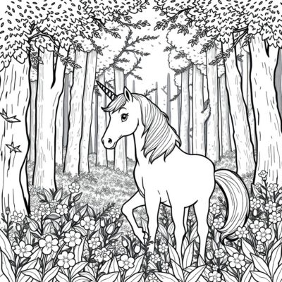 Coloriage : Licorne – Licorne dans une forêt pleine de fleurs