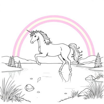 Coloriage : Licornes – Licorne sous l’arc-en-ciel au bord du lac