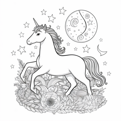 Coloriage : Licornes – Licorne parmi les étoiles et la lune