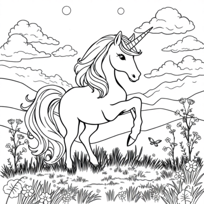 Livre de coloriage : Licornes – Licorne rose dans un monde féerique
