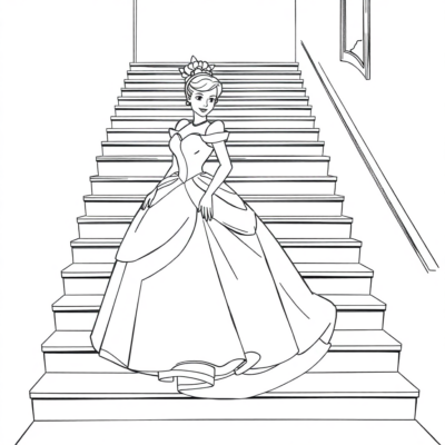 Colorier : Cendrillon en robe de bal sur les escaliers