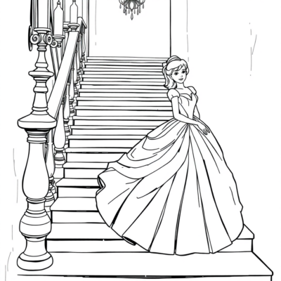 Livre de coloriage : Cendrillon en robe de bal sur les escaliers