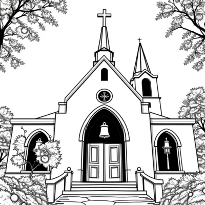 Livre de coloriage : Église – Les cloches sonnent à l’église le dimanche