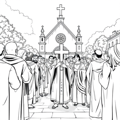 Coloriage : Église – Procession du Corps du Christ