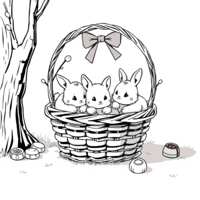 Dessin à colorier : Panier avec des chatons et des chocolats
