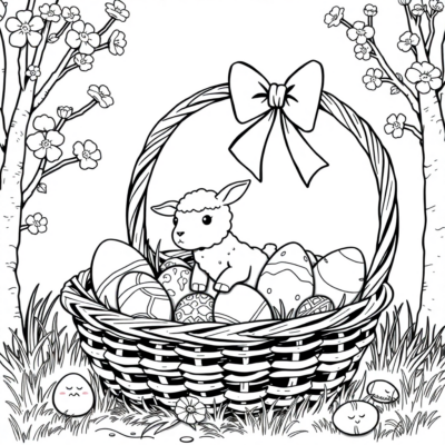 Livre de coloriage : Panier avec des œufs et un agneau en sucre
