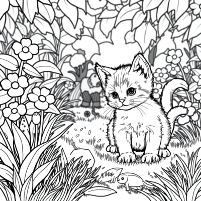 Coloriage : Chatons – Le chat joue dans le jardin
