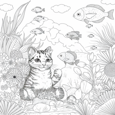 Coloriage : Chats – Un chat regarde les poissons dans l’aquarium