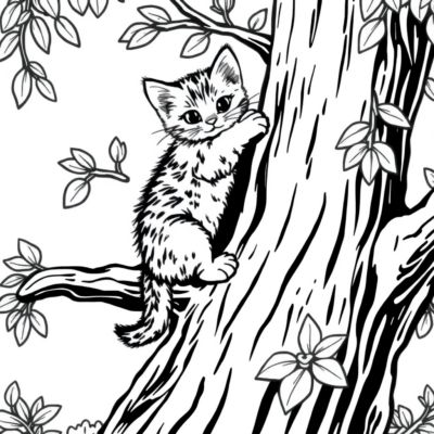 Livre de coloriage : Chatons – Un chaton grimpe à l’arbre