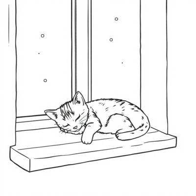 Livre de coloriage : Petits chats – Un petit chat s’endort sur le rebord de la fenêtre