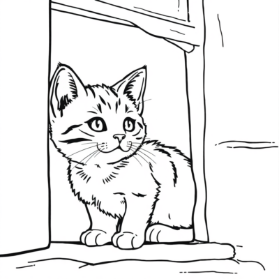 Coloriage : Chats – Petit rouquin regarde par la fenêtre