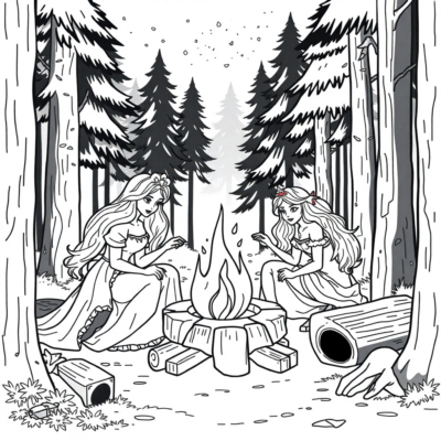 Livre de coloriage : Princesses autour d’un feu de camp dans la forêt