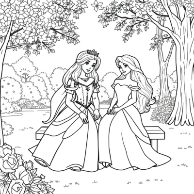 Colorier: Les princesses ensemble dans le parc