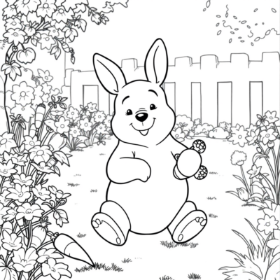 Coloriage: Winnie l’Ourson – Lapin dans le jardin avec des carottes