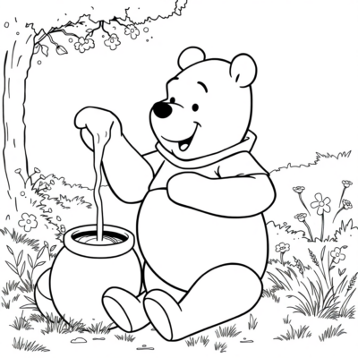 Coloriage : Winnie l’Ourson avec un pot de miel
