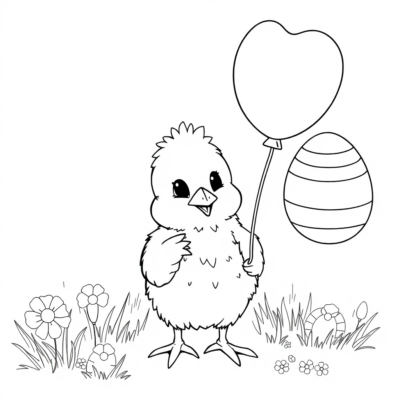 Dessin à colorier : Poussin avec un ballon et un œuf de Pâques