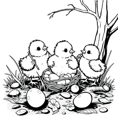 Livre de coloriage : Poussins peignant des œufs