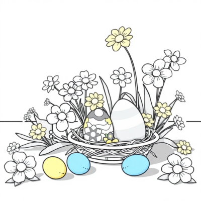 Coloriage : Fleurs et œufs de Pâques sur la table