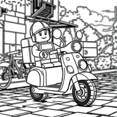 Dessin à colorier : LEGO livreur de pizza à scooter