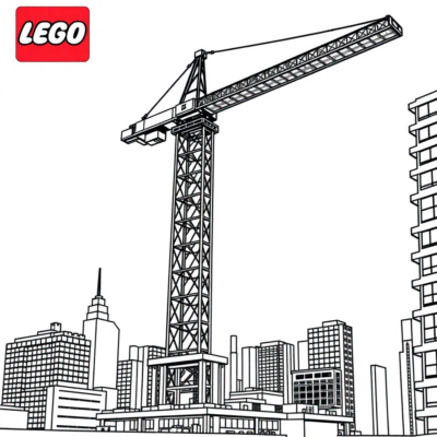Coloriage : Grue de construction LEGO près d’un gratte-ciel