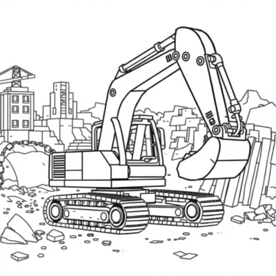 Coloriage : La pelleteuse LEGO travaille sur le chantier