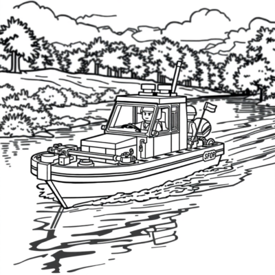 Livre de coloriage : Bateau de patrouille LEGO sur la rivière