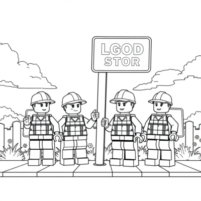 Dessin à colorier : Ouvriers LEGO devant un panneau de signalisation