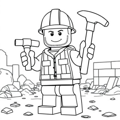 Coloriage : Ouvrier du bâtiment LEGO avec un marteau