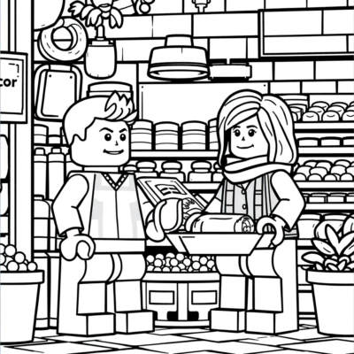 Livre de coloriage : Magasin d’alimentation LEGO et client