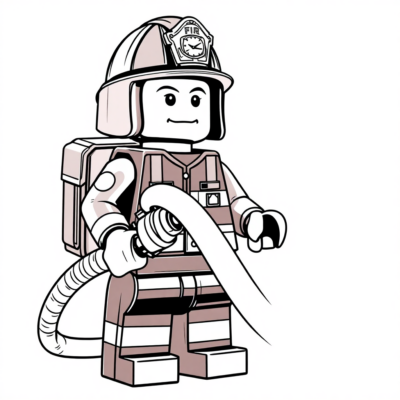 Livre de coloriage : Pompier LEGO avec un tuyau d’incendie