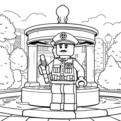 Dessin à colorier : Gardien de la ville LEGO près de la fontaine