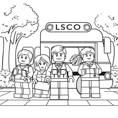 Livre de coloriage : École LEGO avec des élèves et un bus