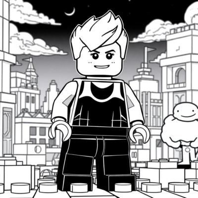 Livre de Coloriage: Lego Worlds – Un personnage construit une ville avec des briques