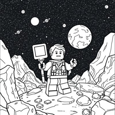 Livre de coloriage : Lego Worlds – Un personnage explore une planète spatiale