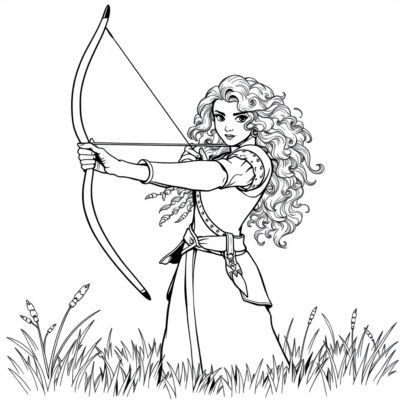 Coloriage : Merida s’exerce au tir à l’arc dans la prairie