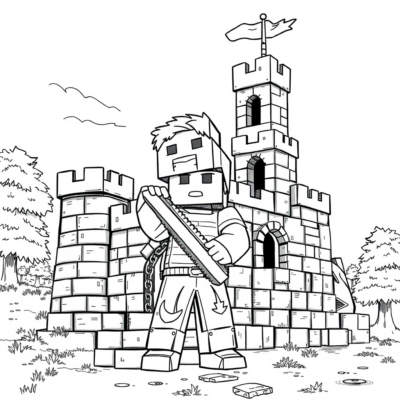 Coloriage : Minecraft – Alex construit un château en pierre
